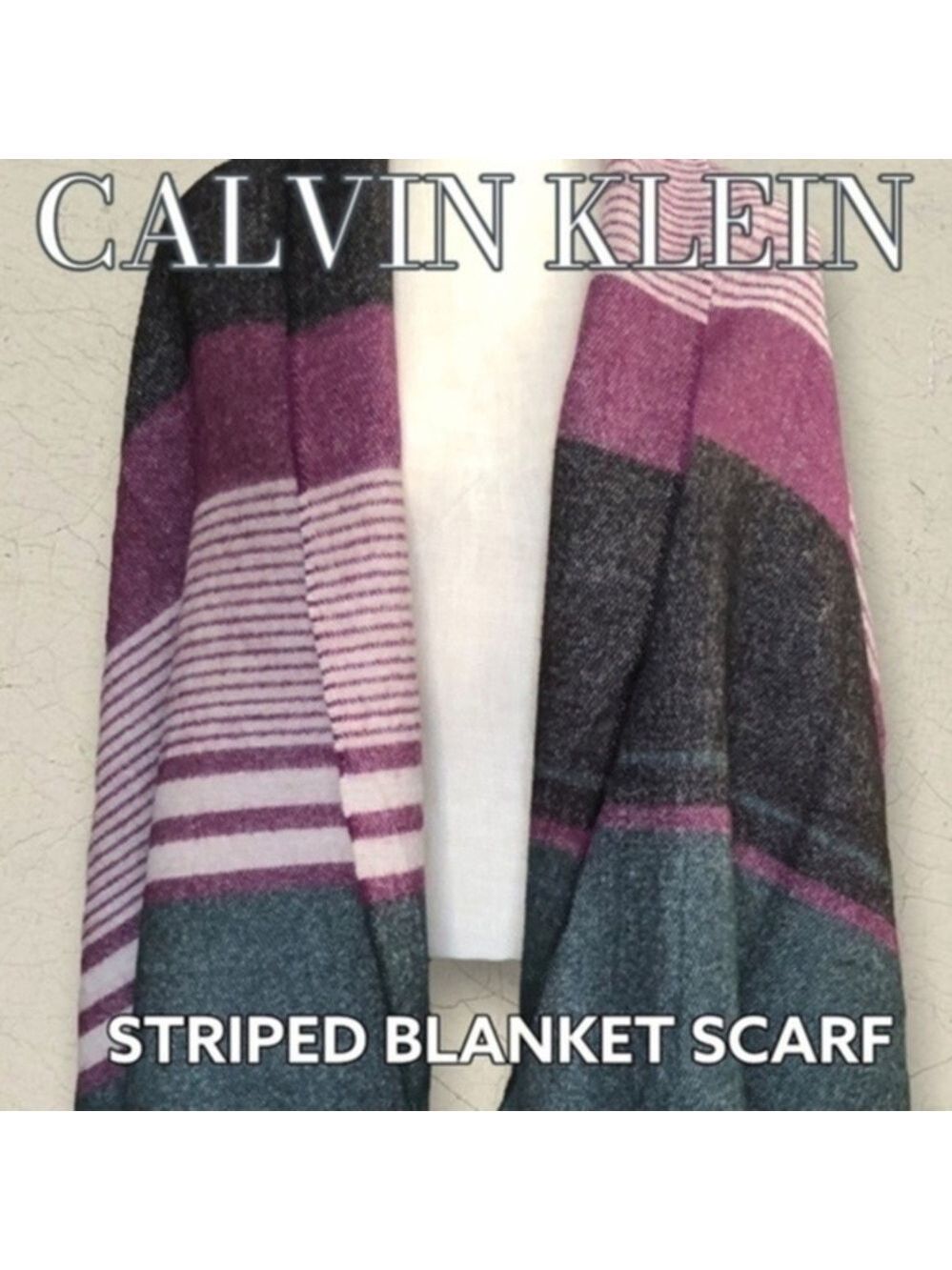 CALVIN KLEIN NWT Oversized Striped Blanket Scarf w/Fringe Detail (~76”L x 24”W)